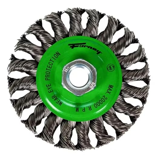 Forney 72749 Wire Wheel Brush, Twist Knot Crimped with 1/2-Inch and 5/8-Inch Arbor, 6-Inch-by-.020-Inch