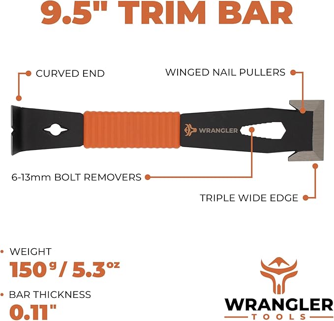 9.5" Trim Bar Pry Bar - Patented Small Pry Bar with Bolt Remover & Nail Puller for Home Improvement & Construction - Flat Bar with Shock-Absorbing Grip & Wide Winged Ends, 2pk
