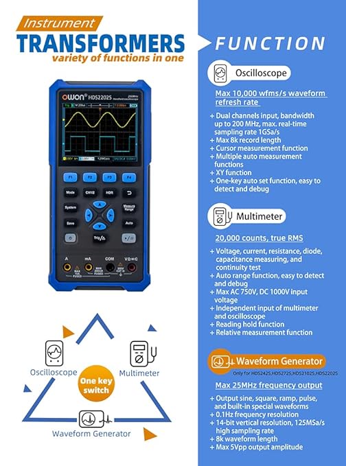 HDS2202S Oscilloscope, 200MHz Bandwidth Oscilloscope Multimeter, 3 in 1 Function Dual Channel Oscillograph with Waveform Generator, 3.5" High Resolution LCD