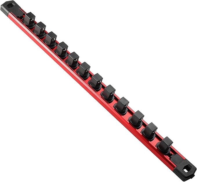 Magnetic Socket Organizer, 1-Piece Heavty Duty Aluminum Socket Holder, Socket Rail for Tool Box, Premium Quality 360° Swivel Socket Rack with 12 Clips for 1/2-Inch(Red)