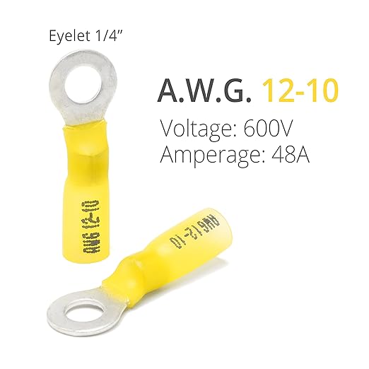Wirefy 90 PCS Heat Shrink Ring Terminals 1/4" - a Resistant Ring Connectors - Eyelet Wire Connectors - Yellow 10-12 AWG