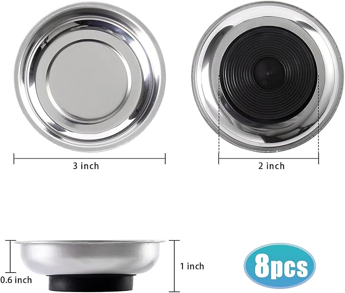 8 Pieces 3” Round Magnetic Bowl Trays Set Stainless Steel Magnet Tool Tray Parts Holder for Screws, Sockets, Bolts, Pins, Mechanic's and Automotive