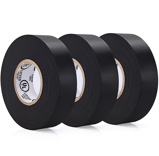 Black Electrical Tape - Professional Grade - 3/4 inch x 66ft - PVC Vinyl Electrical Insulating Tape for All Weather - U/L Approved - Waterproof - Pack of 3