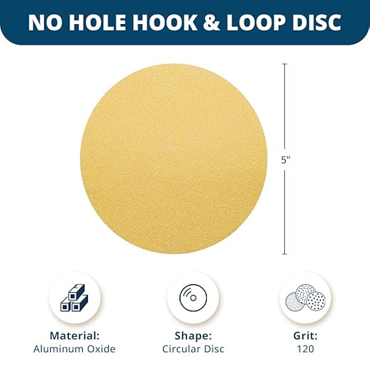 Benchmark Abrasives 5 Inch Sanding Discs Hook and Loop, Aluminum Oxide Stearated Gold No Holes Adhesive Sandpaper for Surface Blending, Automotive - Orbital Sander Sandpaper (50 Discs), 120 Grit
