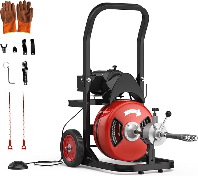 Drain Cleaning Machine 75Ft 1/2 Inch Cable, 450W Auto Feed Portable Electric Sewer Snake, Electric Drain Auger with 6 Cutter Air-Activated Foot Switch for 2" to 4" Pipes