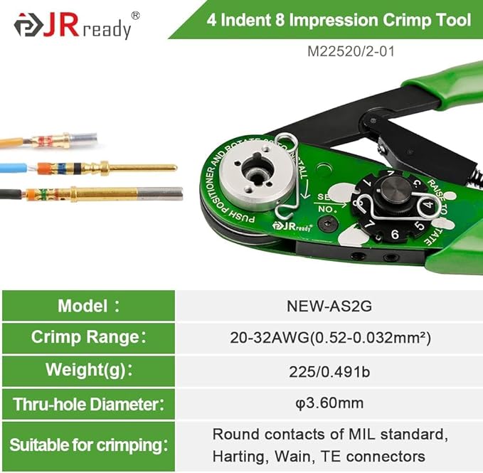 JRready ST2168 M22520 series Hand Crimp Tool Kit, NEW-AS2G(20-32AWG) NEW-ASF1G(12-26AWG) 4-indent Crimper and Go-Nogo Gauge Support Wire Size 12-32AWG