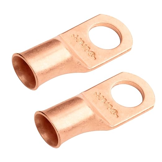 SELTERM 2pcs 2/0 AWG 1/2" Stud Copper Wire Lugs, Battery Lugs, Ring Terminals, Battery Cable Ends, 00 Gaug Ring Terminal Connectors, UL Heavy Duty Bare Copper Eyelets Battery Terminal Connectors