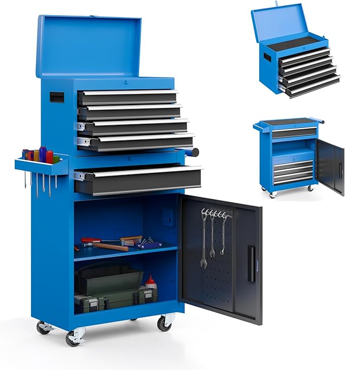 5-Drawer Rolling Metal Tool Storage Cabinet with Detachable Top Tool Box, for Garage Workshop - Blue