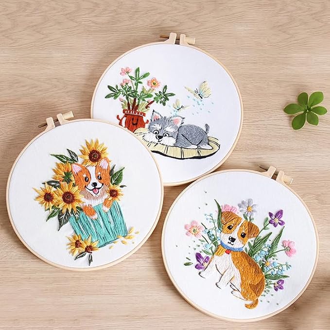 COCOMOX 3 Sets Embroidery Kit for Beginners, Dog Flower Pattern Embroidery - Image 3