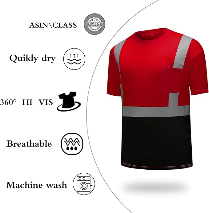 High Visibility Shirts Quick Dry Safety T Shirts with Reflective Strips and Pocket Short Sleeve Mesh Hi Vis Construction Work Class 2 Shirt for Men/Women Black Bottom Red,Small