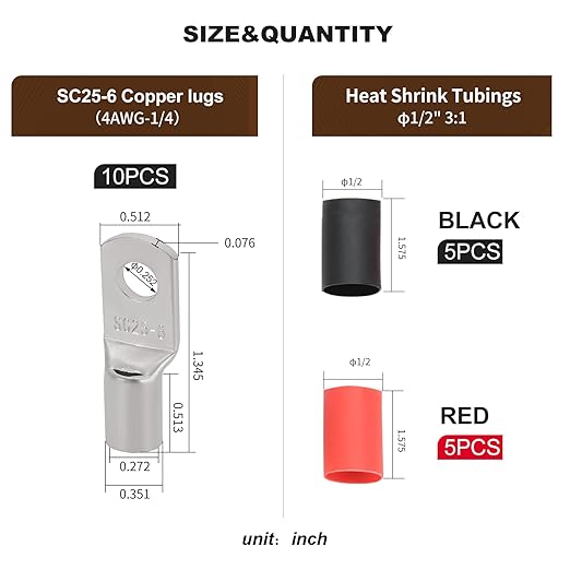 Thick Copper Electric Wire Lugs,10Pcs Tinned Copper Gauge 4Awg-1/4(M6) Ring Heavy Duty Battery Cable Lugs Ends Ring Terminals Connectors with 10Pcs 3:1 Heat Shrink Tubing Assortment Kit