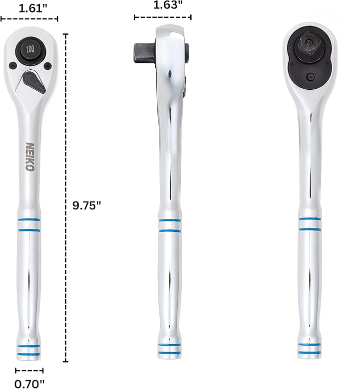 Neiko 03117A 1/2 Inch Ratchet Wrench, 100-Tooth Reversible Ratchet, 3.6 Degree, Quick Release 1/2 Drive Ratchet, 10" Long Handle Ratchet, Oval Head Socket Wrench, CR-V Steel Half Inch Rachet Wrench