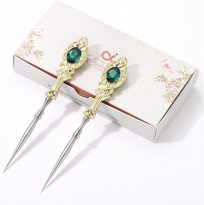 2Pcs Metal Embroidery Awl Set, European Vintage Carved Handle Scratch Awl, Sharp Sewing Awl Tool for Sewing with Storage Cases, Durable and Leather Punch Stitching DIY Craft(Light Gold)
