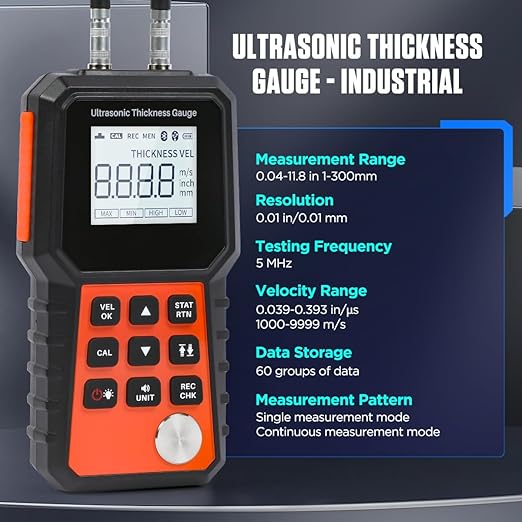 Ultrasonic Thickness Gauge Industrial for All Materials, Steel, Plastic, Glass, PVC, Pipes, Metal Thickness Gauge Meter - Range 0.039 to 11.8 Inch, LCD Display (All Materials)