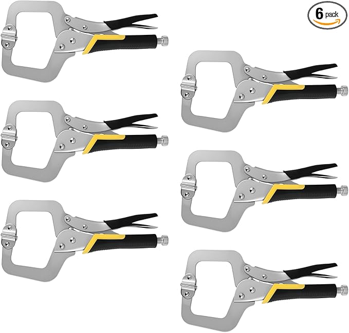 MOUYAT 6 Pack 11 Inch C-Clamp Locking Pliers with Flat Swivel Pads, Vise Grip Clamps Face Welding C Clamp Locking Pliers Set for Woodworking, Building