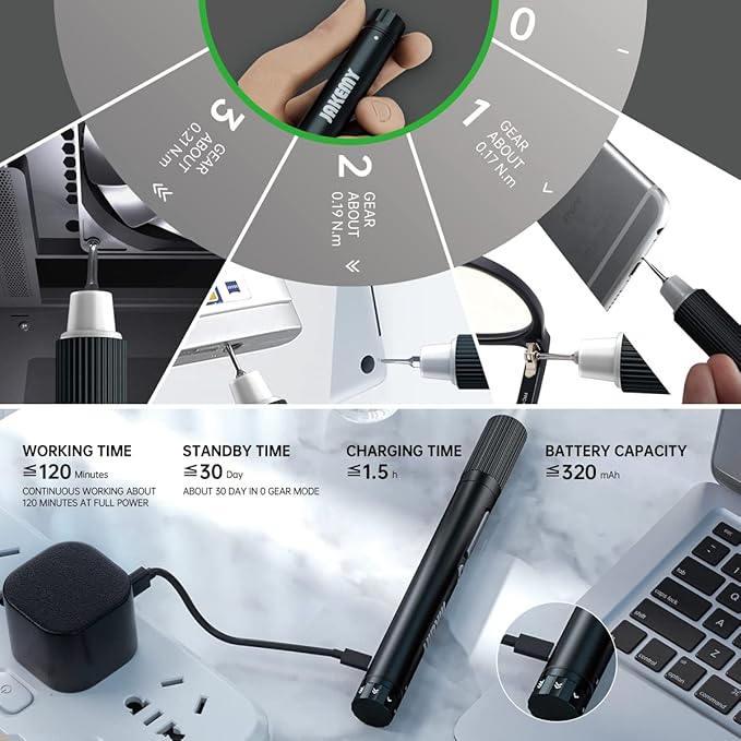 Gear Adjustable Mini Electric Screwdriver,JAKEMY Laptop Screwdriver Repair Tool Kit Cordless Torque Power with Light Manual&Automatic Rechargeable for Phone,Consoles,Toys,Ect, (JM-E21A)
