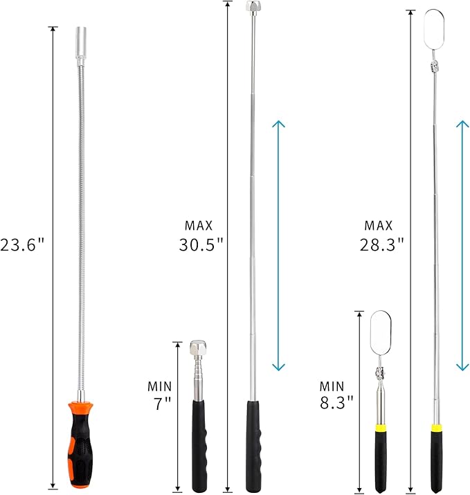 3 Pieces Magnetic Pickup Tool Set with 5LB Flexible 23.6" Bendable Pick Up Sweeper, Telescoping 16LB Magnet Rod, Oval 360 Swivel Adjustable Inspection Mirror, Stick Kit for Men Father Gift