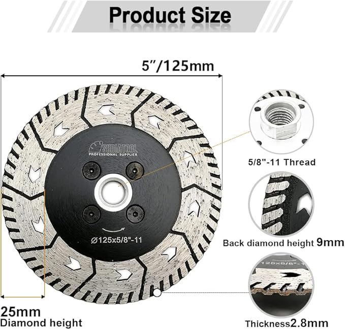 SHDIATOOL 5-Inch Diamond Cutting Disc, Granite Turbo Cutting Wheel, Saw Blades Two-in-One Design Cut Grind Sharpen Marble Concrete and Bricks