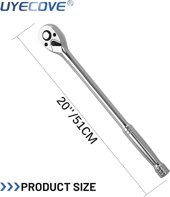 1/2-Inch Drive Ratchet Wrench, 1/2 Ratchet Wrench Long Handle, Socket Wrench, 72-Tooth Quick-release Reversible Cr-Mo Head, Chrome Steel Made - 20''51cm