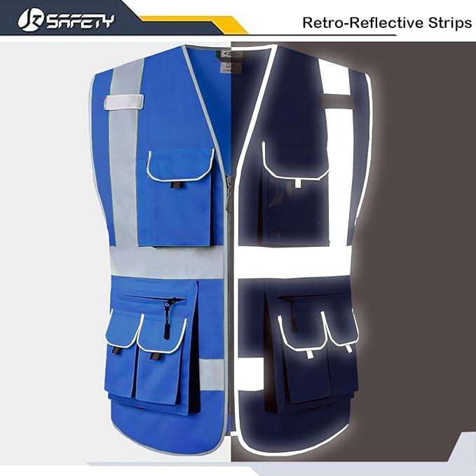 JKSafety 10 Pockets Blue Color Safety Vest Zipper Front with High Reflective Strips Meets ANSI/ISEA Standards (88-Blue, Large)