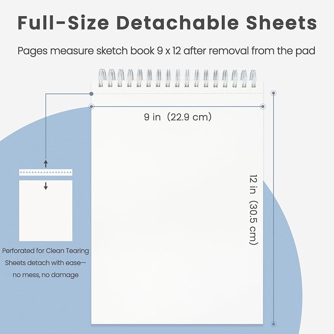 Cewei Drawing Pad 9x12, 100 Sheets Hardcover Spiral Bound, 68lb/100gsm White - Image 2