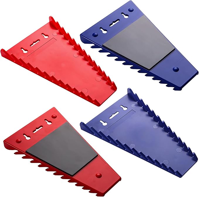 ALOANES 48-Slot Magnetic Wrench Organizer, Wrench Organizer Tray for Tool Box&Wall Mounted, Wrench Holder Fit SAE & Metric Wrench Storage, 4 Pack(Red&Blue)