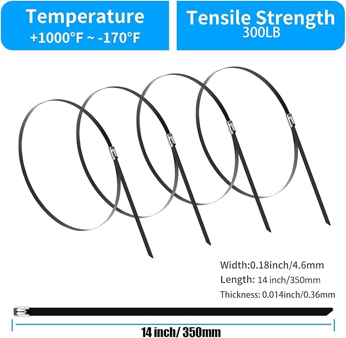XINGO 14 inch Black Metal Zip Ties (100 Pack), 304 Stainless Steel Heavy Duty Zip Ties, 300lbs Tensile Strength, Multi-Purpose Self-locking Cable Ties for Exhaust Wrap, Outdoor and Canopy Etc