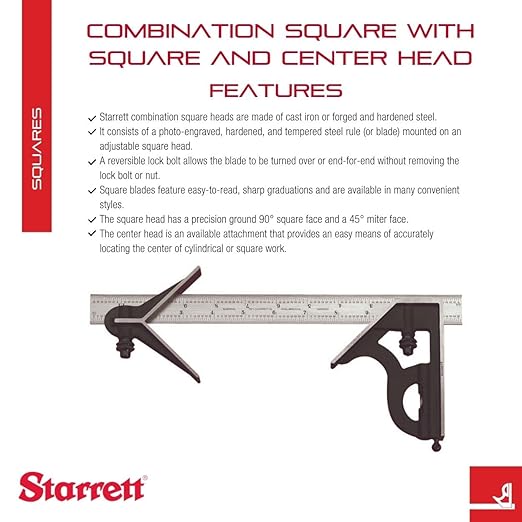Starrett Steel Combination Square with Square Head and Center Head - 12" Blade Length, Hardened Steel, Reversible Lock Bolt, Scriber, Spirit Level, 4R Graduation Type -11HC-12-4R