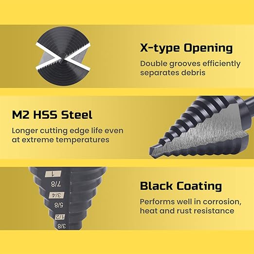 Lichamp Step Drill Bit for Metal Sheet Heavy Duty, Genuine M2 HSS Step Up Down Drill Bit Stepper Unibit for Steel Hole, 10 Sizes from 1/4 to 1-3/8 inches