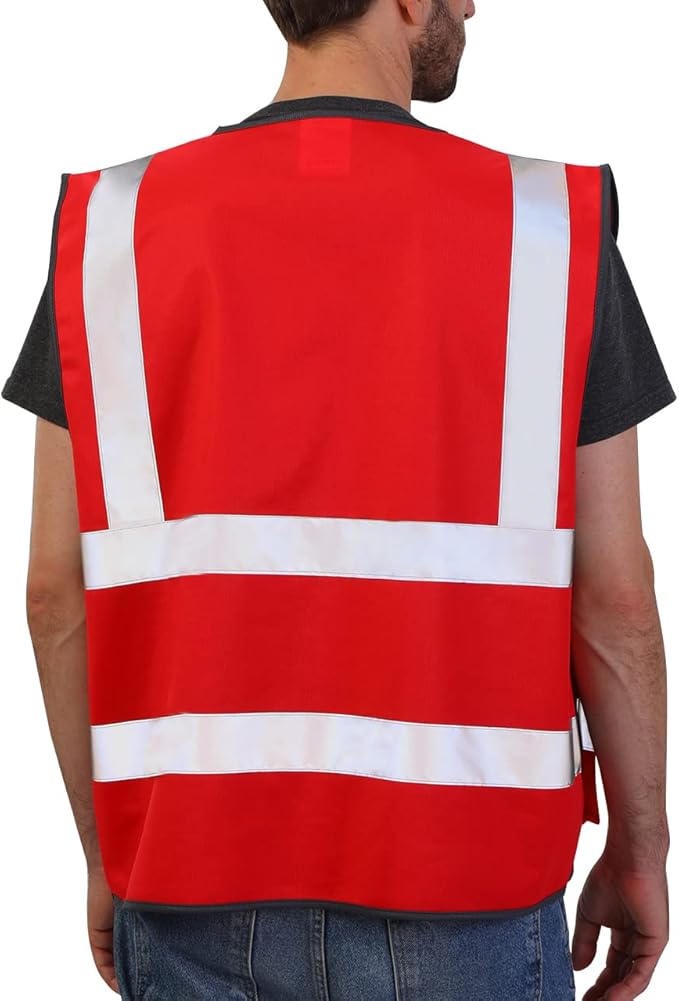 Dib Safety Reflective Vest High Visibility with Pockets and Zipper, Red L