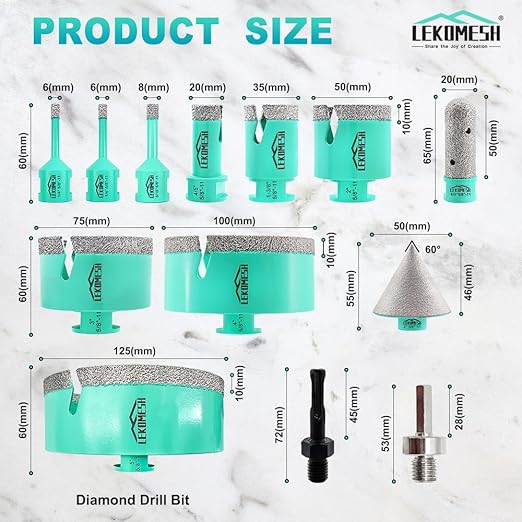 Tile Hole Saw Kit for Porcelain Tile-(6/6/8/20/35/50/75/100/125mm+Finger Bit+Chamfer Bit+Adapter) Diamond Drill Bits Precision Cutting for Ceramic Marble Brick Granite,5/8"-11 Thread