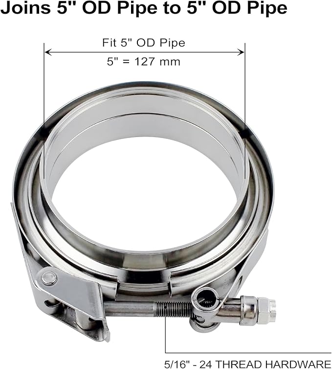 5 inch V Band Clamp - 2 sets of Quick Release Vband Exhaust Clamp with Flange Stainless Steel for Automotive exhaust system, turbocharger, downpipe and mufflers (5" - 2 Pack)