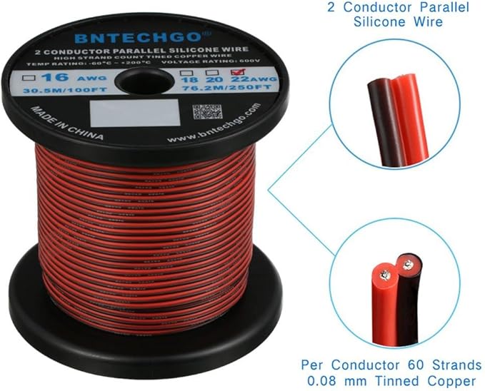 BNTECHGO 22 Gauge Flexible 2 Conductor Parallel Silicone Wire Spool Red Black High Resistant 200 deg C 600V for Single Color LED Strip Extension Cable Cord,Model,250ft Stranded Tinned Copper Wire