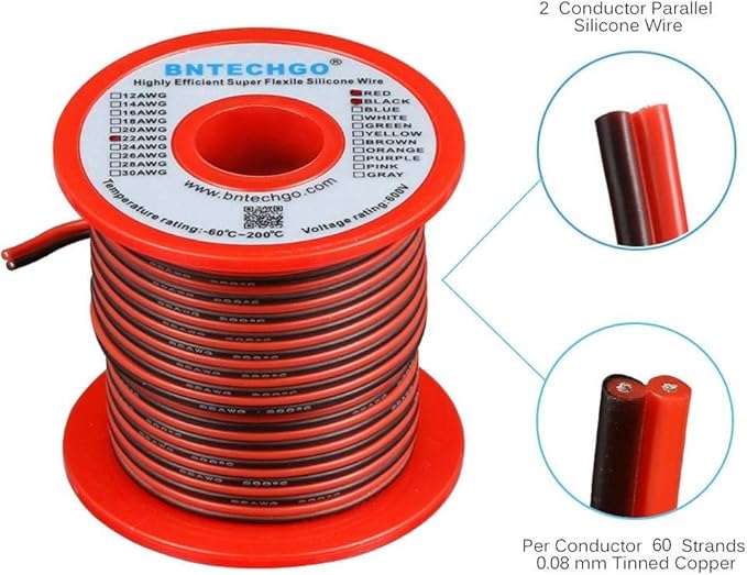 BNTECHGO 22 Gauge Flexible 2 Conductor Parallel Silicone Wire Spool Red Black High Resistant 200 deg C 600V for Single Color LED Strip Extension Cable Cord,Model,50ft Stranded Tinned Copper Wire