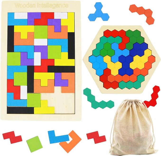 2 Pack Wooden Russian Blocks Puzzle + Hexagon Puzzles by Kiouposy