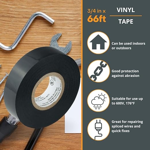 GTSE Black Electrical Tape, 1 Roll – Waterproof, Industrial Grade Vinyl, 3/4 in x 66ft– Strong Self-Adhesive PVC Electric Tape for Wire Insulation, 7 Mil, 600V – UL/CSA Listed
