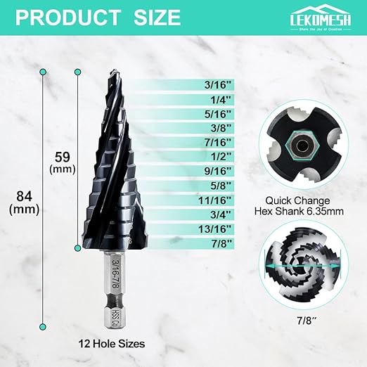 Cobalt Step Drill Bit - 3/16"-7/8" Four Spiral Flute Cobalt Step Drill Bit M35 with Impact Ready Unibit for Stainless Steel Metal Aluminium Copper Wood Plastic