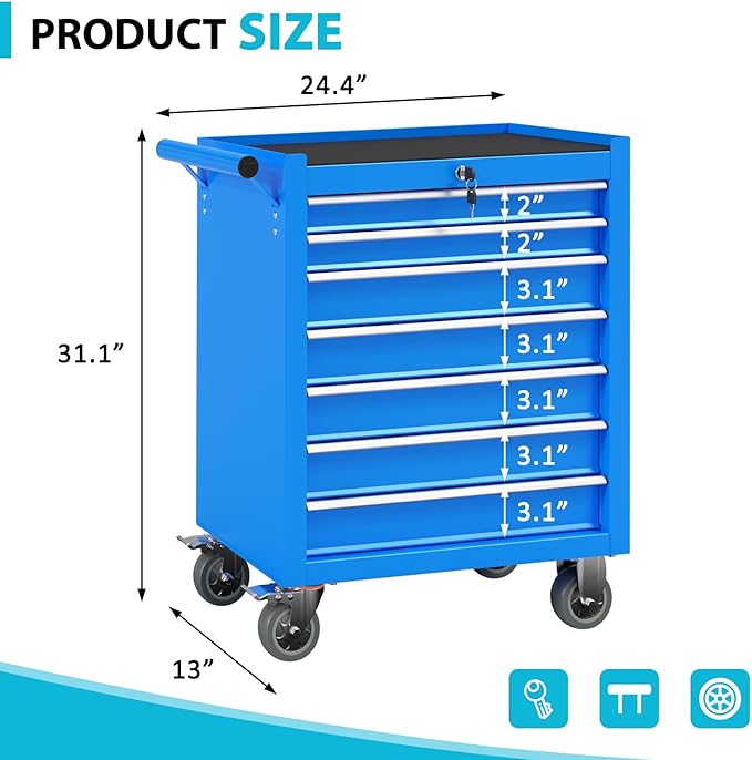 7 Drawers Metal Rolling Tool Chest, Portable Storage Tool Box with Wheels, Toolbox on Wheels for Warehouse, Garage, Repair Shop and Tool Room