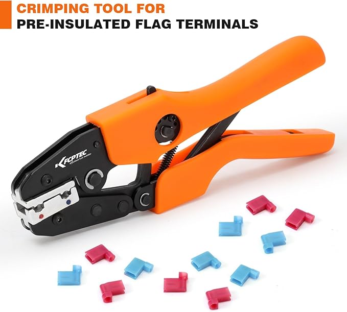 KF CPTEC Ratcheting Crimping Tool for 90° Insulated Flag Terminals, AWG 20-18 & 16-14 – Precision Electrical Terminal Crimper with Adjustable Crimp Force