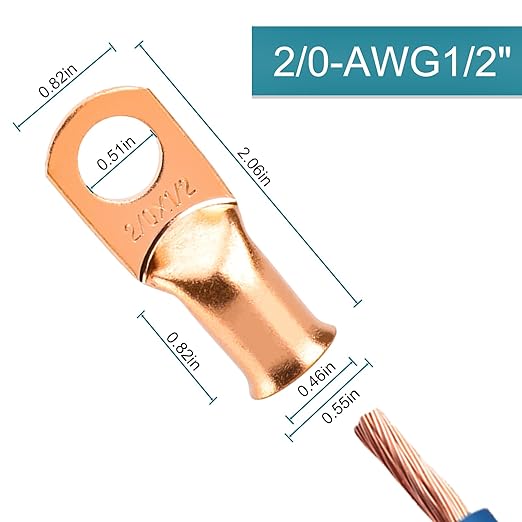 Battery Cable Ends, 8PCS Battery Cable Ends, 2/0 Gauge Wire Connectors 1/2 Copper Wire Lugs, Bare Copper Eyelets with Heat Shrink Tubing