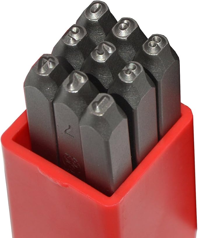 9pcs Heavy Duty Steel Stamp Uppercase Numbers 1/8 3mm Hand Stamping Serial Mark Code Alphabet Punch Kit for Jewelry Metal Sheet Plate Mold Die Making