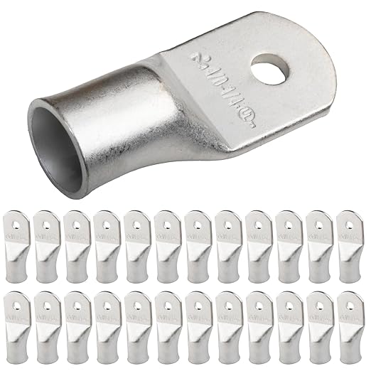 SELTERM 25pcs 4/0 AWG 1/4" Stud Marine Grade Tinned Copper Battery Cable Lugs, 0000 Gauge Ring Terminals, UL Wire Lugs Electrical Battery Cable Ends, Tinned Copper Lugs Battery Terminal Connectors