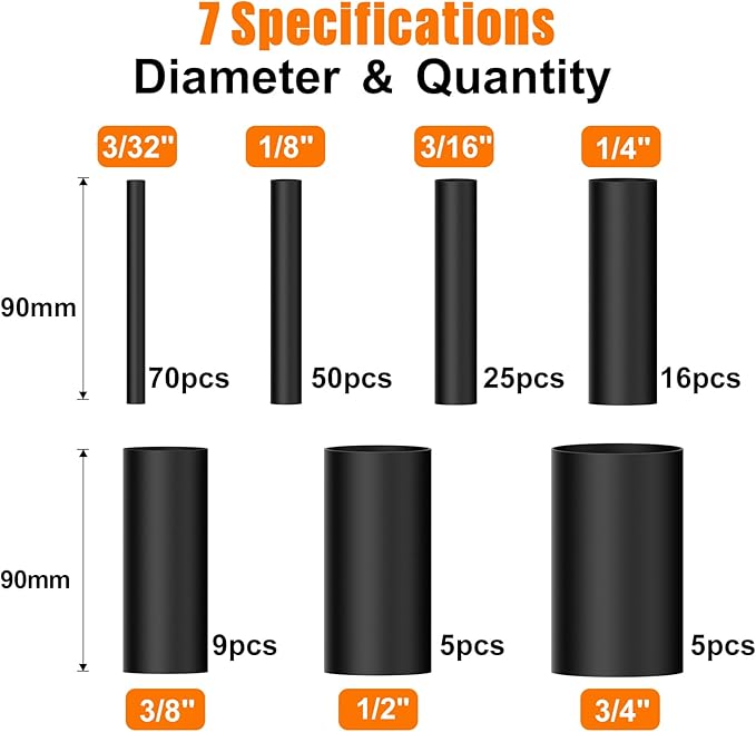 Lsnisni 3.54 Inches Heat Shrink Tubing Kit 180 Pcs, Ratio 3:1 Adhesive Lined, Dual Wall Tube - Marine Grade Waterproof, 7 Diameters, Heat-Shrink Tube, Heat Shrink Cable Sleeve - Black