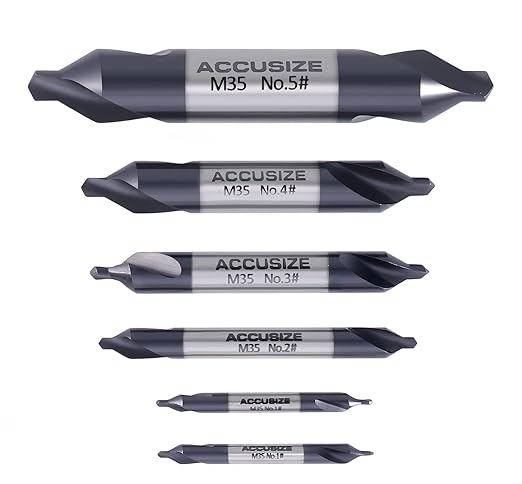 Accusize Industrial Tools (#1-#5), SAE 3/64"-3/16", 6 Pc ANSI M35 (H.S.S. +5% Cobalt) TiAlN Coated Center Drill Bit Set, Inch Sizes, 3500-6001