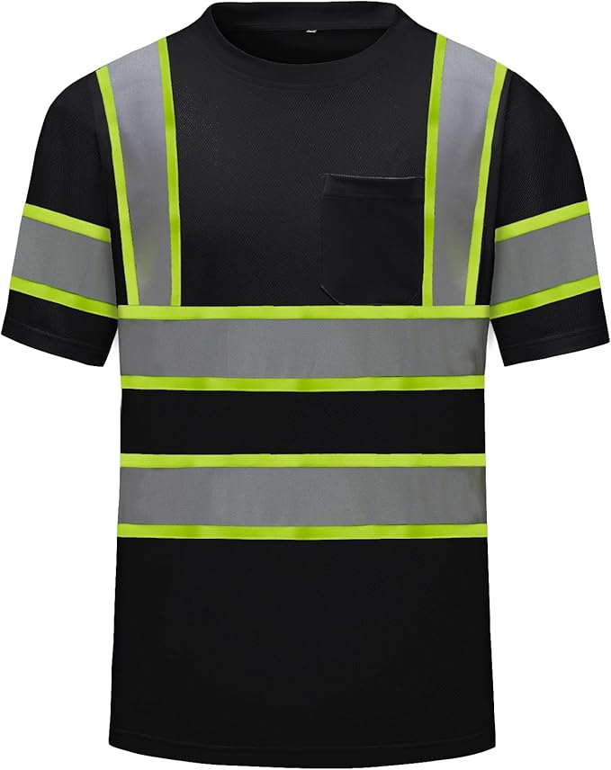 High Visibility Shirts Quick Dry Safety T Shirts with Reflective Strips and Pocket Short Sleeve Mesh Hi Vis Construction Work Class 2 Shirt for Men/Women Black,2XL