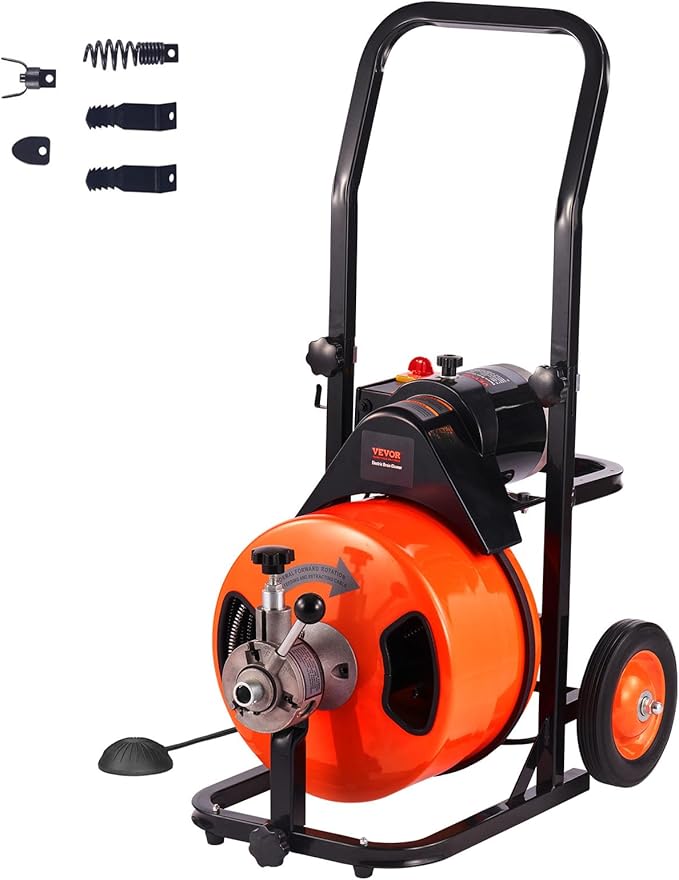VEVOR 100 FT x 1/2 Inch Drain Cleaner Machine, Sewer Snake Auger Auto Feed with 4 Cutter & Air-activated Foot Switch for 2" to 4" Pipes, Orange, Black