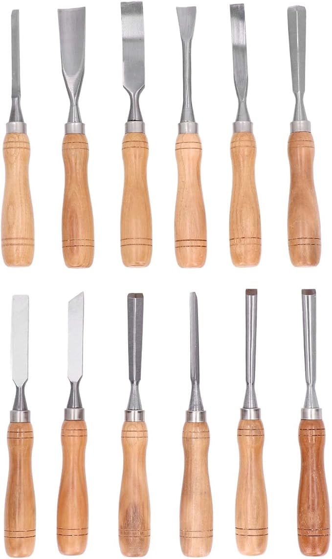 Cunyuer 12 PCS Wood Carving Tools, 60CRV Blade Wood Chisel Sets with Wooden Case, Woodworking Chisel for DIY Handicrafts