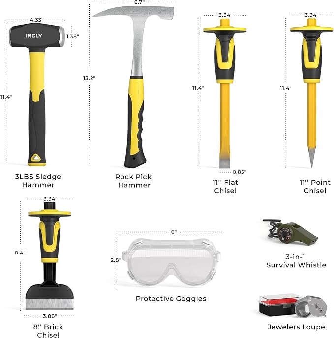 INCLY 8PCS Geology Rock Pick Equipment Kit, 3lb Sledge & 32oz Rock Hammer - Image 2