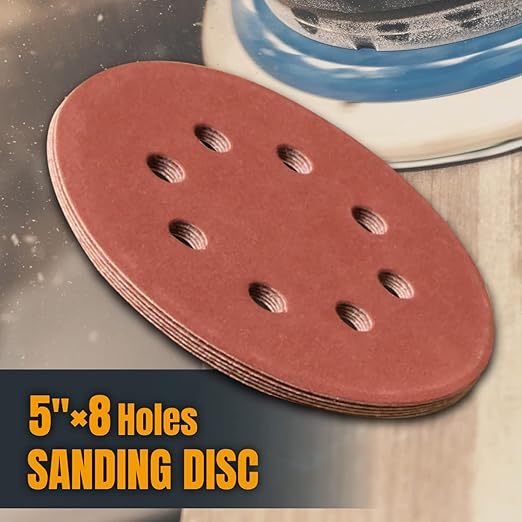 POWERTEC 25PK, 40 Grits, Sanding Discs 5 Inch - Hook and Loop, 5 Inch 8 Hole Aluminum Oxide Sandpaper Discs, Woodworking Sanding Pads for Random Orbital, Palm, Air, DA & Pneumatic Sander (45004)
