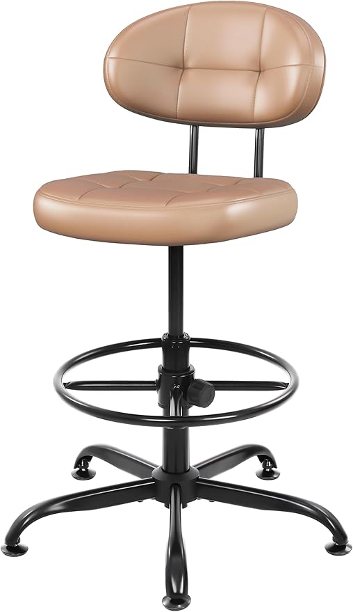 Misolant Armless Drafting Chair, Tall Office Chair no Wheels with Footrest Ring for Standing Desk, Small Faux Leather Executive Office Chair with Adjustable Height for Bar Counter Desk, Brown
